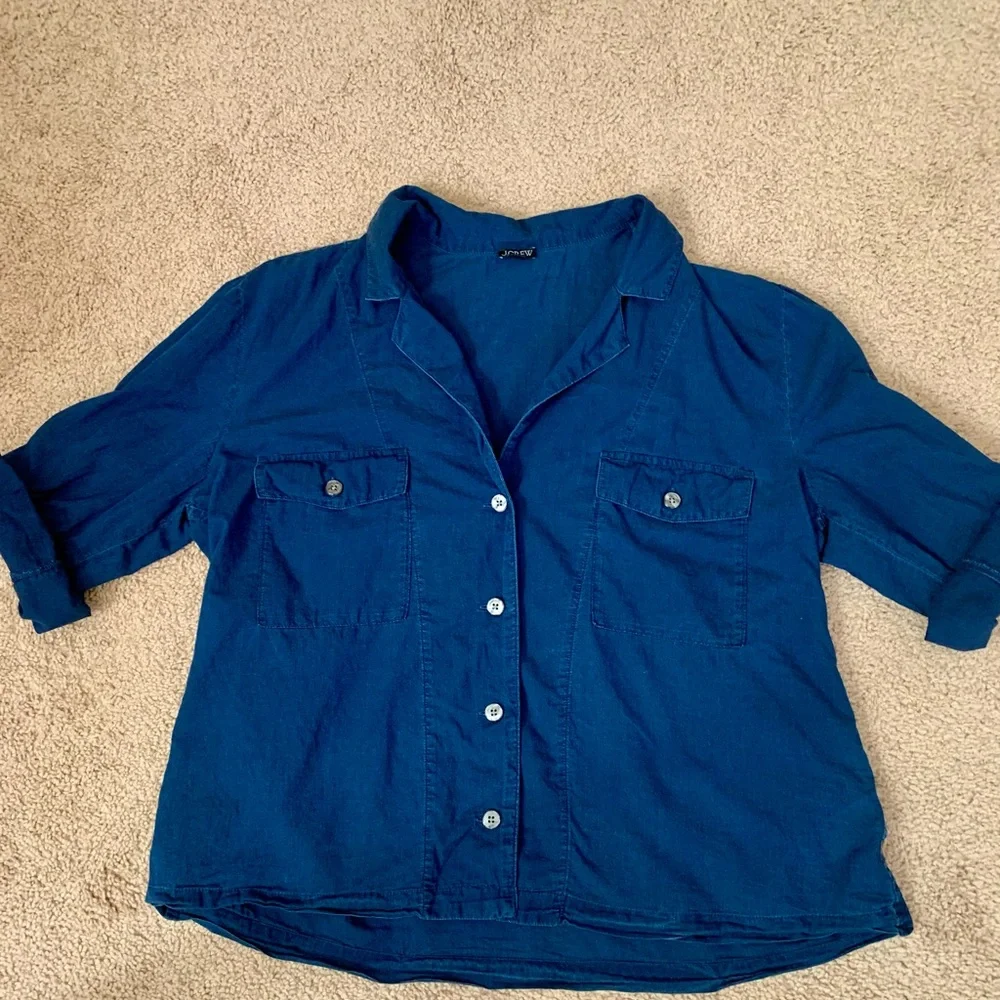 J Crew Camp Collar Shirt Womens 12 Blue V
Neck Cotton Voile Button Up Roll Tab - Picture 9 of 11